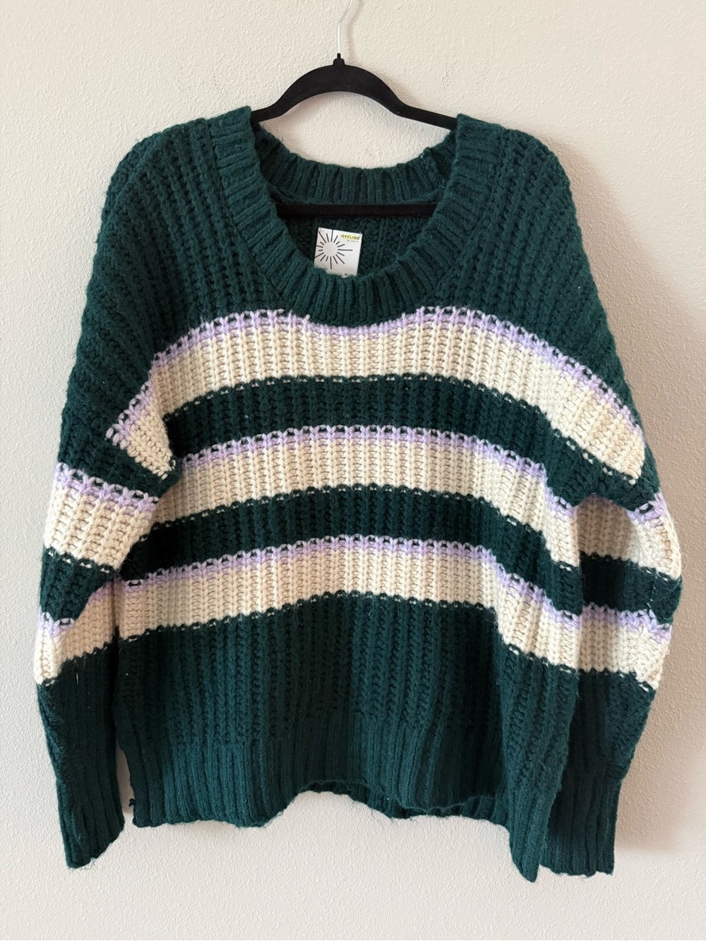 Aerie Bundle Up Pull Over Sweater Oversized Chunky Knit Medium NWT Green Striped - Picture 2 of 6